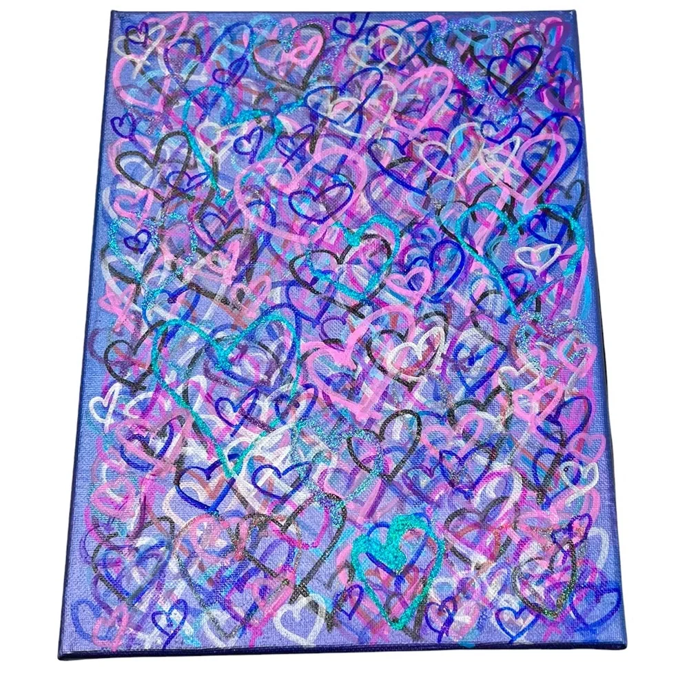 HANDCRAFTED MIXED MEDIA COLORFUL GRAFFITI HEARTS - SHADES OF PURPLE, BLUE & PINK